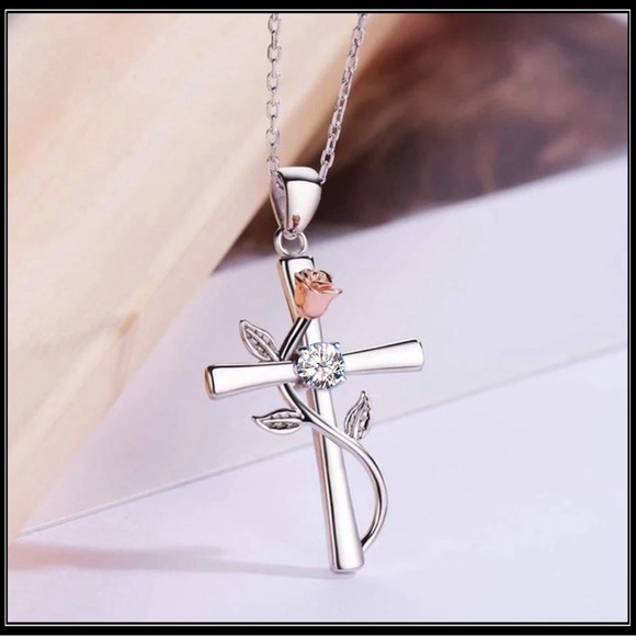 14k white gold religious God cross Jesus faith rose charm sim diamond necklace - Picture 3 of 4